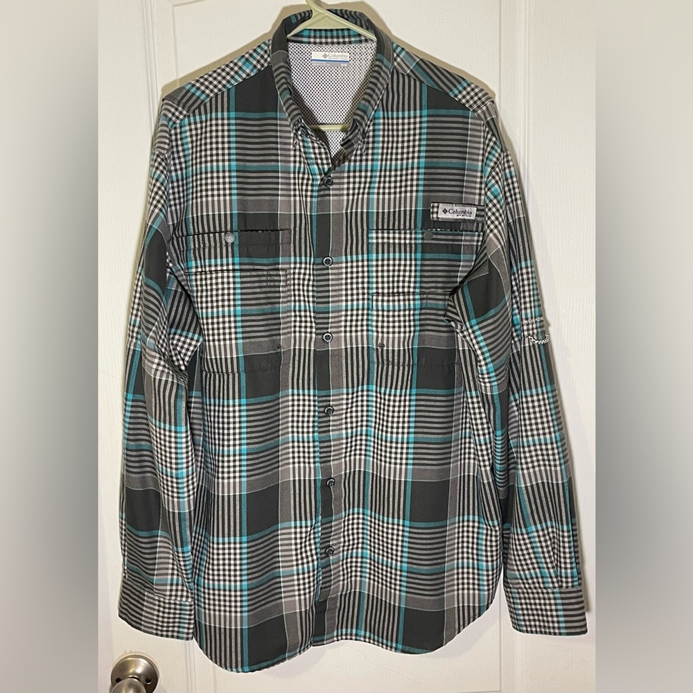 Columbia PFG Fishing Shirt Mens Medium Omni-Shade Blue/Gray Plaid